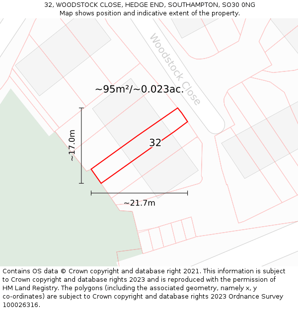 32, WOODSTOCK CLOSE, HEDGE END, SOUTHAMPTON, SO30 0NG: Plot and title map