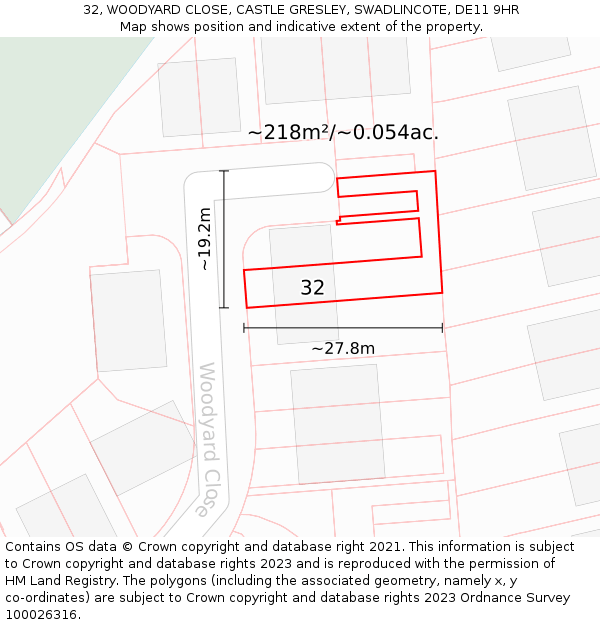 32, WOODYARD CLOSE, CASTLE GRESLEY, SWADLINCOTE, DE11 9HR: Plot and title map