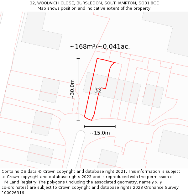 32, WOOLWICH CLOSE, BURSLEDON, SOUTHAMPTON, SO31 8GE: Plot and title map