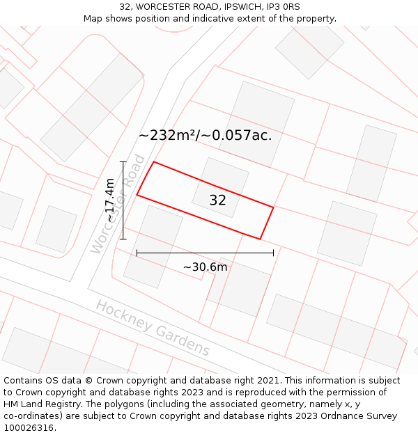32, WORCESTER ROAD, IPSWICH, IP3 0RS: Plot and title map