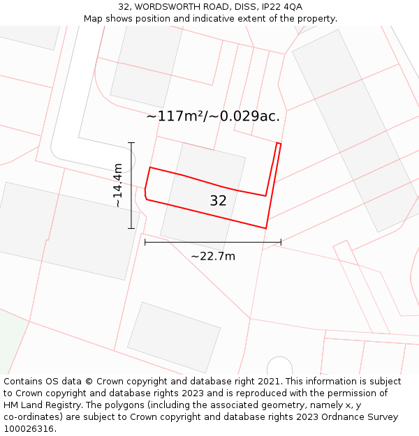 32, WORDSWORTH ROAD, DISS, IP22 4QA: Plot and title map