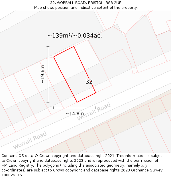32, WORRALL ROAD, BRISTOL, BS8 2UE: Plot and title map