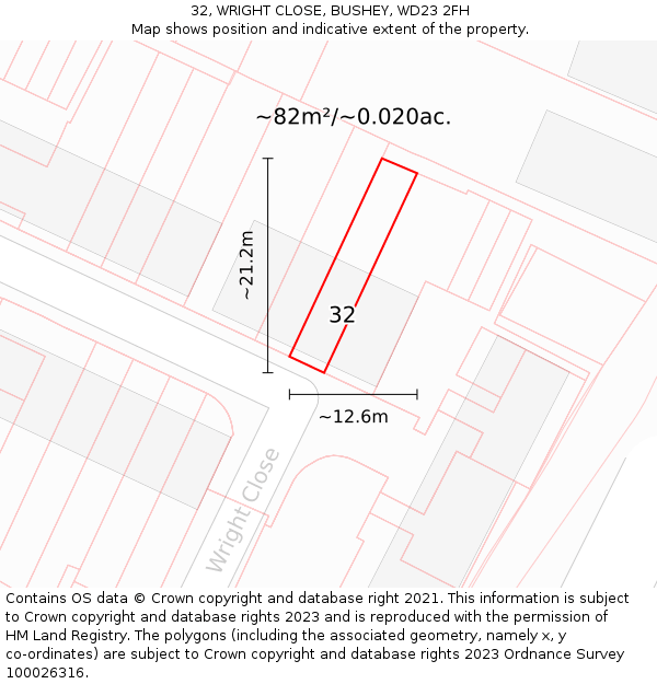 32, WRIGHT CLOSE, BUSHEY, WD23 2FH: Plot and title map