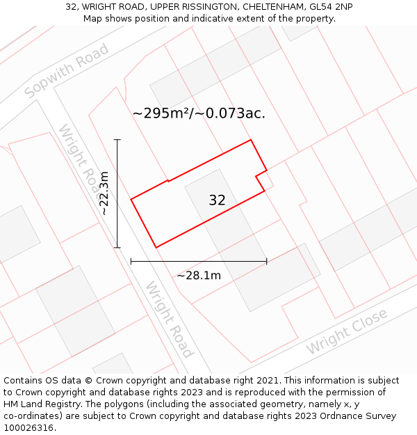 32, WRIGHT ROAD, UPPER RISSINGTON, CHELTENHAM, GL54 2NP: Plot and title map