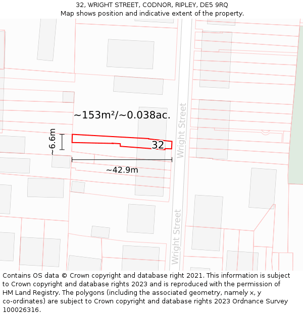 32, WRIGHT STREET, CODNOR, RIPLEY, DE5 9RQ: Plot and title map
