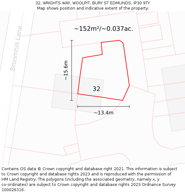 32, WRIGHTS WAY, WOOLPIT, BURY ST EDMUNDS, IP30 9TY: Plot and title map