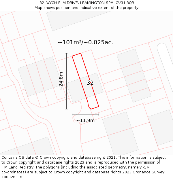 32, WYCH ELM DRIVE, LEAMINGTON SPA, CV31 3QR: Plot and title map