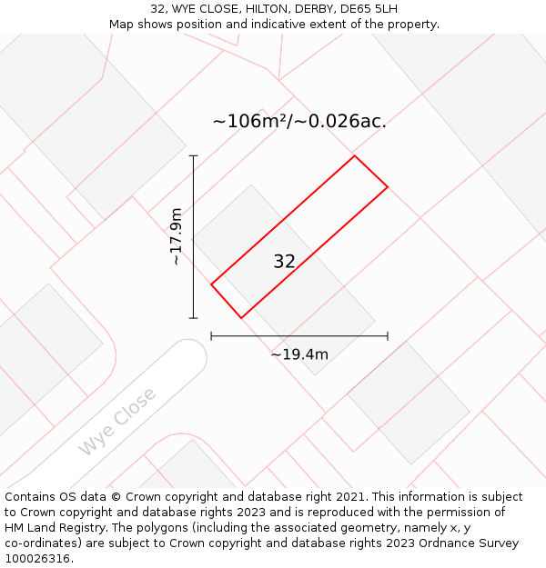 32, WYE CLOSE, HILTON, DERBY, DE65 5LH: Plot and title map