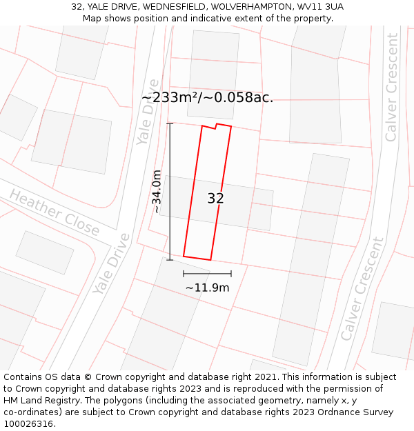 32, YALE DRIVE, WEDNESFIELD, WOLVERHAMPTON, WV11 3UA: Plot and title map