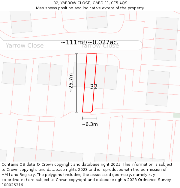 32, YARROW CLOSE, CARDIFF, CF5 4QS: Plot and title map