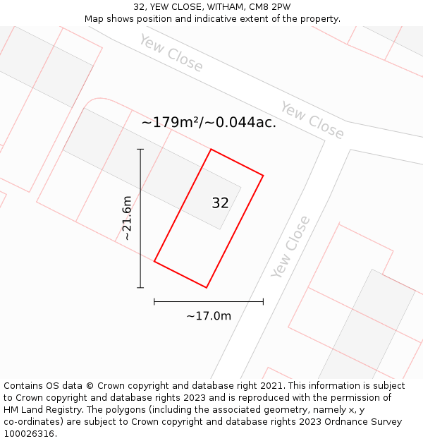 32, YEW CLOSE, WITHAM, CM8 2PW: Plot and title map