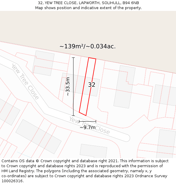 32, YEW TREE CLOSE, LAPWORTH, SOLIHULL, B94 6NB: Plot and title map