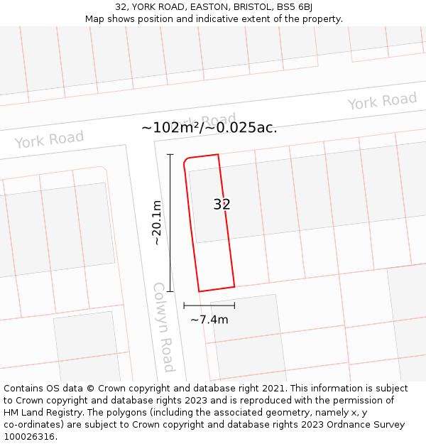 32, YORK ROAD, EASTON, BRISTOL, BS5 6BJ: Plot and title map