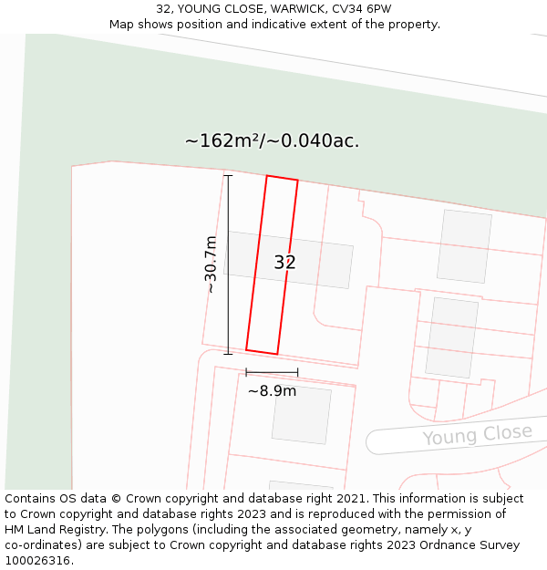 32, YOUNG CLOSE, WARWICK, CV34 6PW: Plot and title map