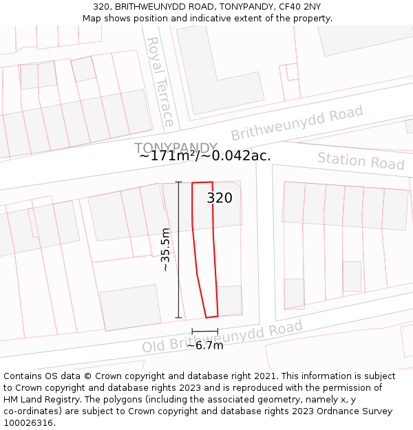 320, BRITHWEUNYDD ROAD, TONYPANDY, CF40 2NY: Plot and title map
