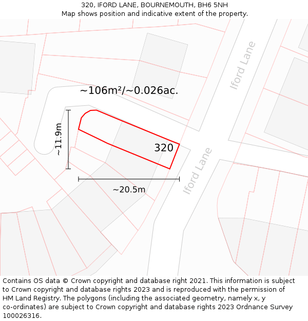 320, IFORD LANE, BOURNEMOUTH, BH6 5NH: Plot and title map