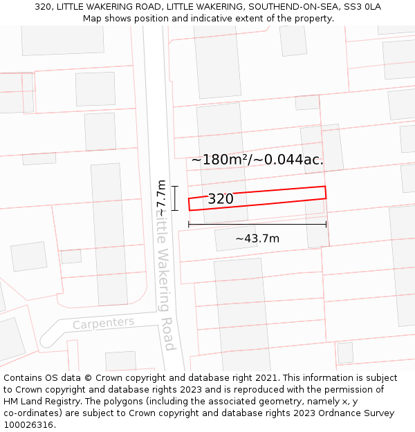 320, LITTLE WAKERING ROAD, LITTLE WAKERING, SOUTHEND-ON-SEA, SS3 0LA: Plot and title map