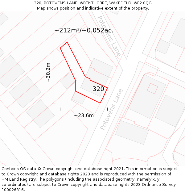 320, POTOVENS LANE, WRENTHORPE, WAKEFIELD, WF2 0QG: Plot and title map