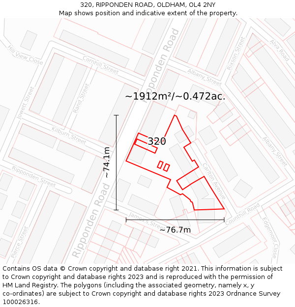 320, RIPPONDEN ROAD, OLDHAM, OL4 2NY: Plot and title map