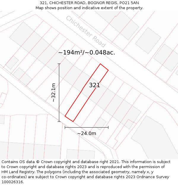 321, CHICHESTER ROAD, BOGNOR REGIS, PO21 5AN: Plot and title map