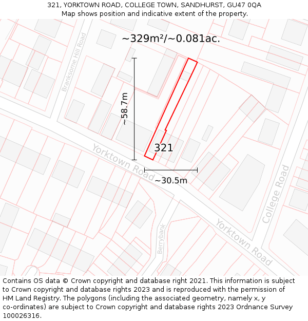 321, YORKTOWN ROAD, COLLEGE TOWN, SANDHURST, GU47 0QA: Plot and title map