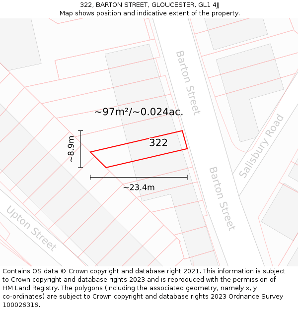 322, BARTON STREET, GLOUCESTER, GL1 4JJ: Plot and title map