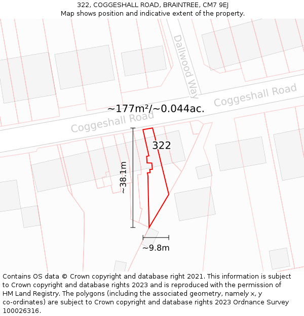 322, COGGESHALL ROAD, BRAINTREE, CM7 9EJ: Plot and title map