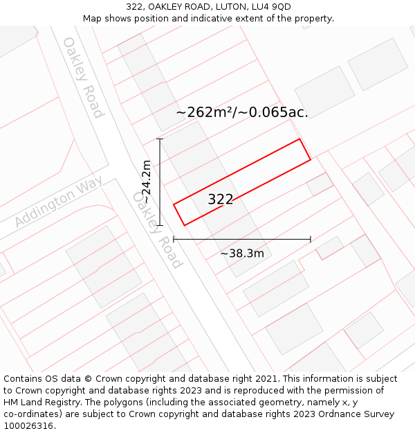 322, OAKLEY ROAD, LUTON, LU4 9QD: Plot and title map