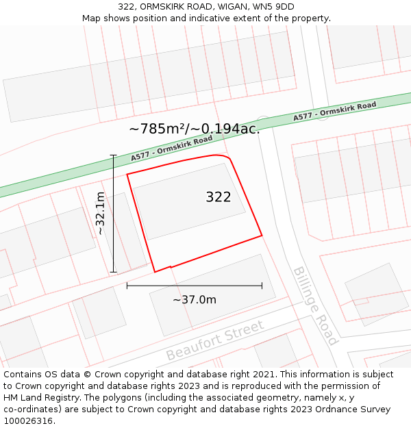 322, ORMSKIRK ROAD, WIGAN, WN5 9DD: Plot and title map