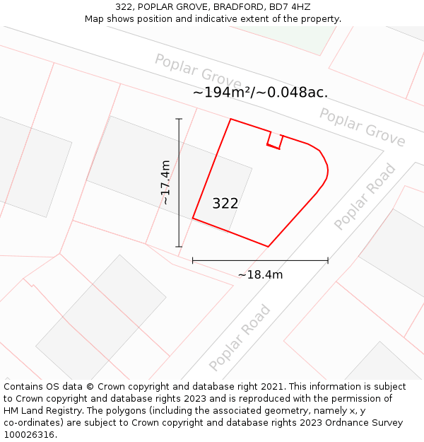 322, POPLAR GROVE, BRADFORD, BD7 4HZ: Plot and title map