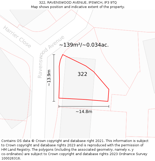 322, RAVENSWOOD AVENUE, IPSWICH, IP3 9TQ: Plot and title map