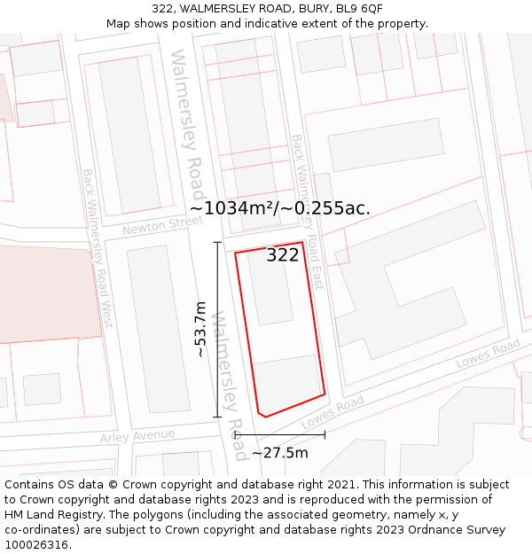 322, WALMERSLEY ROAD, BURY, BL9 6QF: Plot and title map