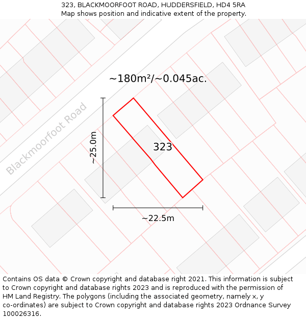 323, BLACKMOORFOOT ROAD, HUDDERSFIELD, HD4 5RA: Plot and title map