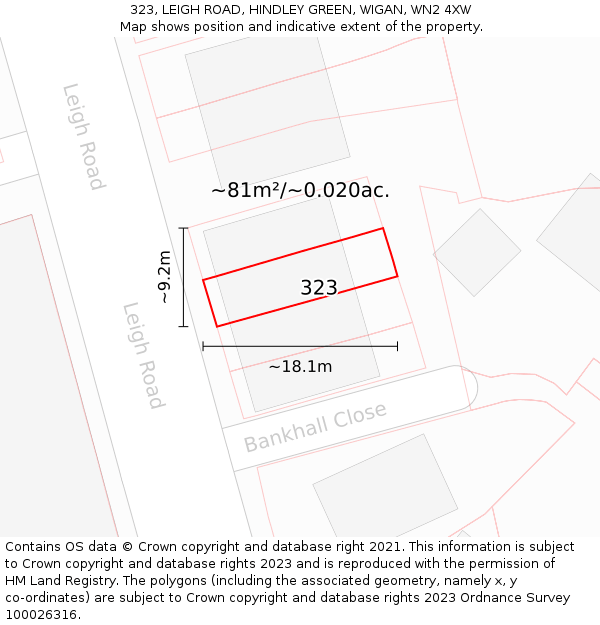 323, LEIGH ROAD, HINDLEY GREEN, WIGAN, WN2 4XW: Plot and title map