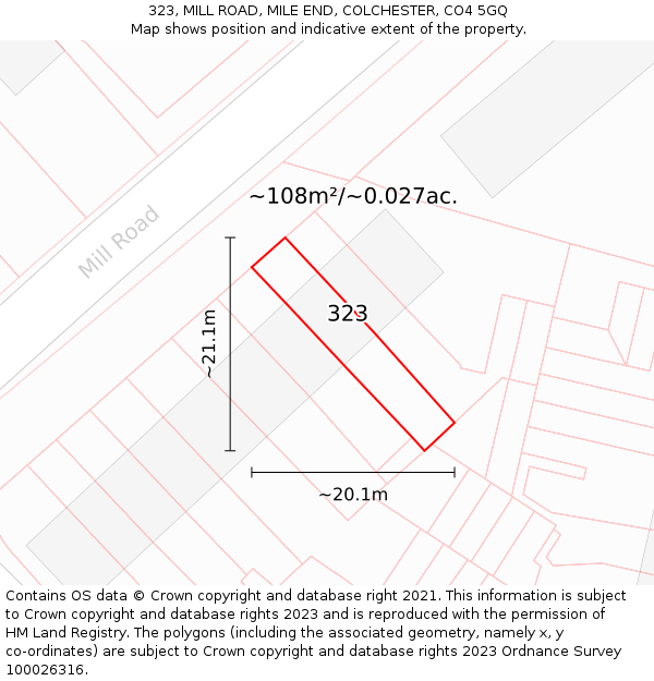 323, MILL ROAD, MILE END, COLCHESTER, CO4 5GQ: Plot and title map