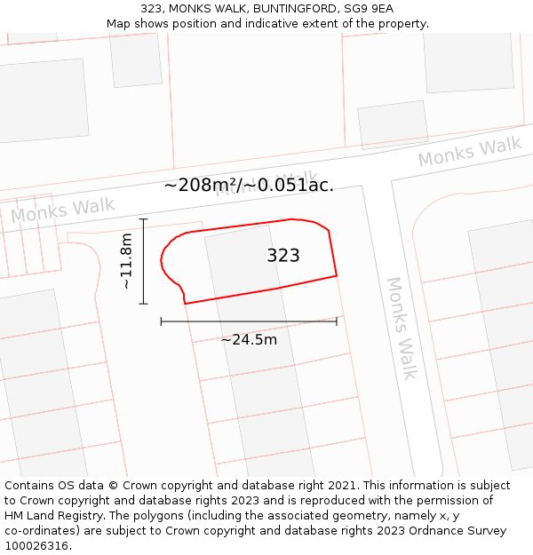 323, MONKS WALK, BUNTINGFORD, SG9 9EA: Plot and title map