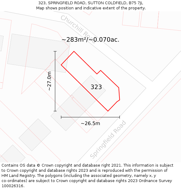 323, SPRINGFIELD ROAD, SUTTON COLDFIELD, B75 7JL: Plot and title map