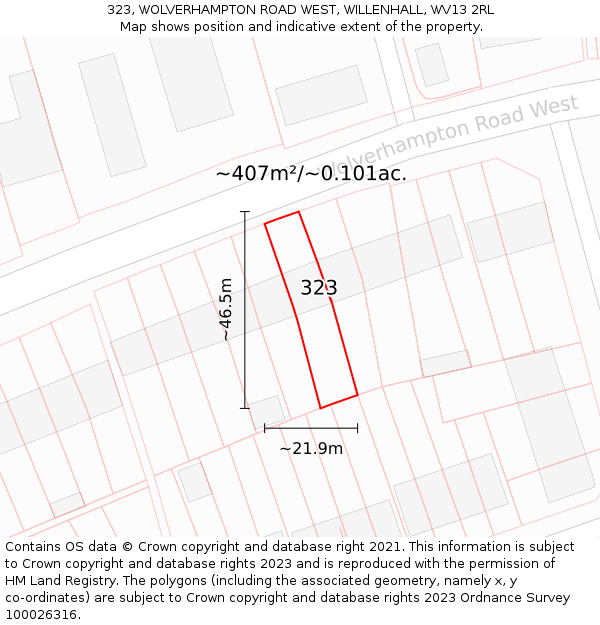 323, WOLVERHAMPTON ROAD WEST, WILLENHALL, WV13 2RL: Plot and title map