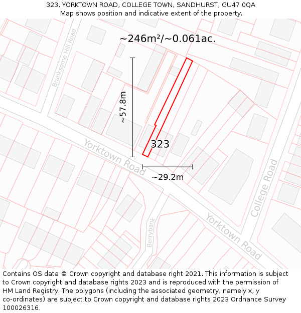 323, YORKTOWN ROAD, COLLEGE TOWN, SANDHURST, GU47 0QA: Plot and title map