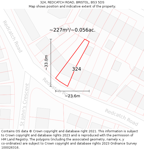 324, REDCATCH ROAD, BRISTOL, BS3 5DS: Plot and title map