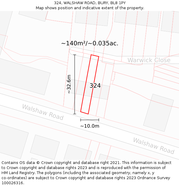 324, WALSHAW ROAD, BURY, BL8 1PY: Plot and title map