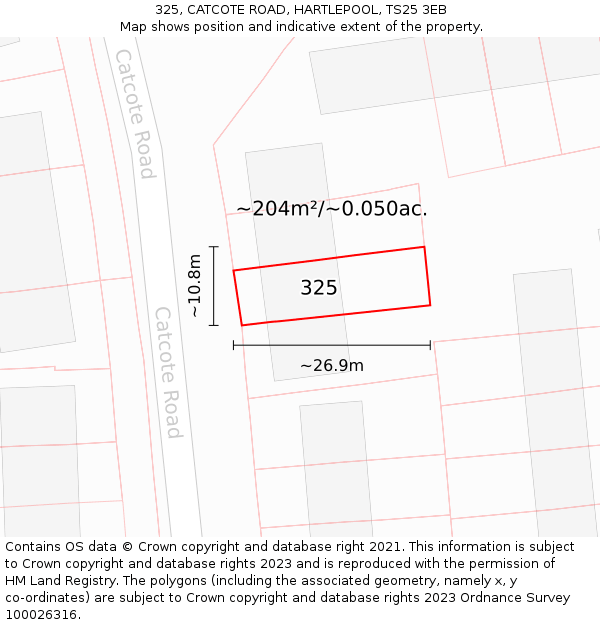 325, CATCOTE ROAD, HARTLEPOOL, TS25 3EB: Plot and title map