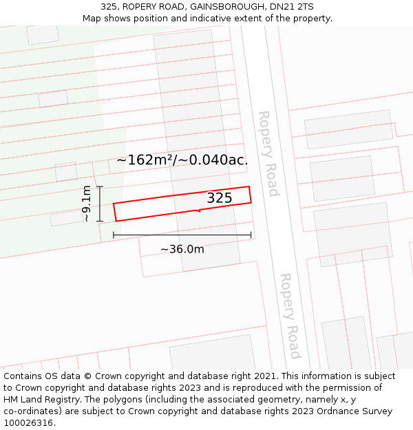 325, ROPERY ROAD, GAINSBOROUGH, DN21 2TS: Plot and title map