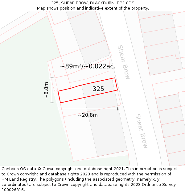 325, SHEAR BROW, BLACKBURN, BB1 8DS: Plot and title map