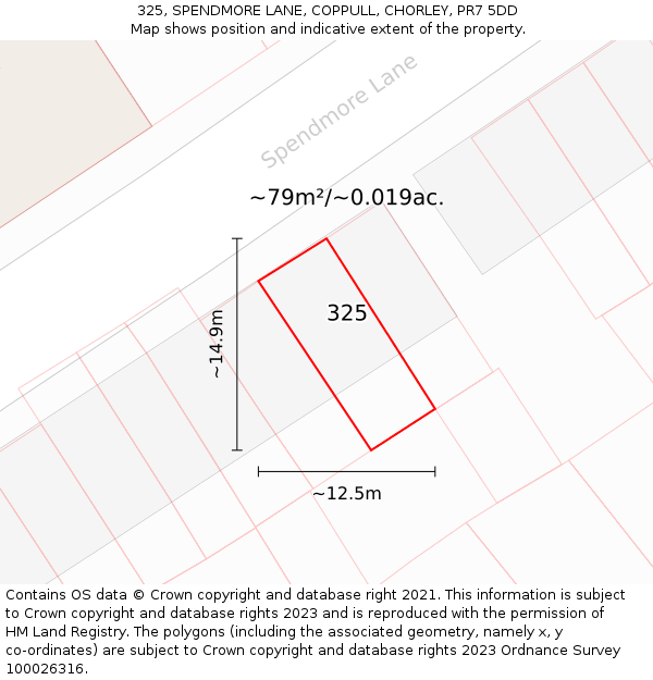 325, SPENDMORE LANE, COPPULL, CHORLEY, PR7 5DD: Plot and title map