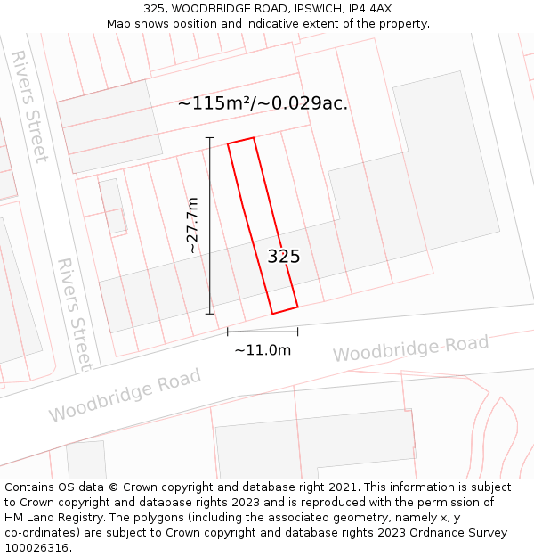 325, WOODBRIDGE ROAD, IPSWICH, IP4 4AX: Plot and title map