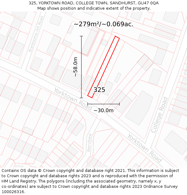 325, YORKTOWN ROAD, COLLEGE TOWN, SANDHURST, GU47 0QA: Plot and title map