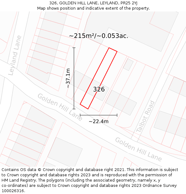 326, GOLDEN HILL LANE, LEYLAND, PR25 2YJ: Plot and title map