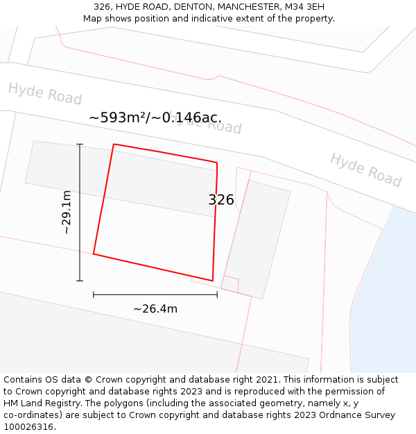 326, HYDE ROAD, DENTON, MANCHESTER, M34 3EH: Plot and title map