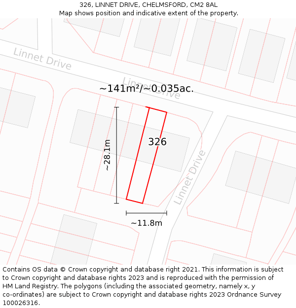 326, LINNET DRIVE, CHELMSFORD, CM2 8AL: Plot and title map